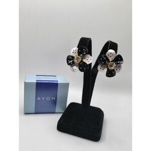 Vintage Avon Spectator Flower Enamel Clip Earrings Black White Rhinestone 1980s